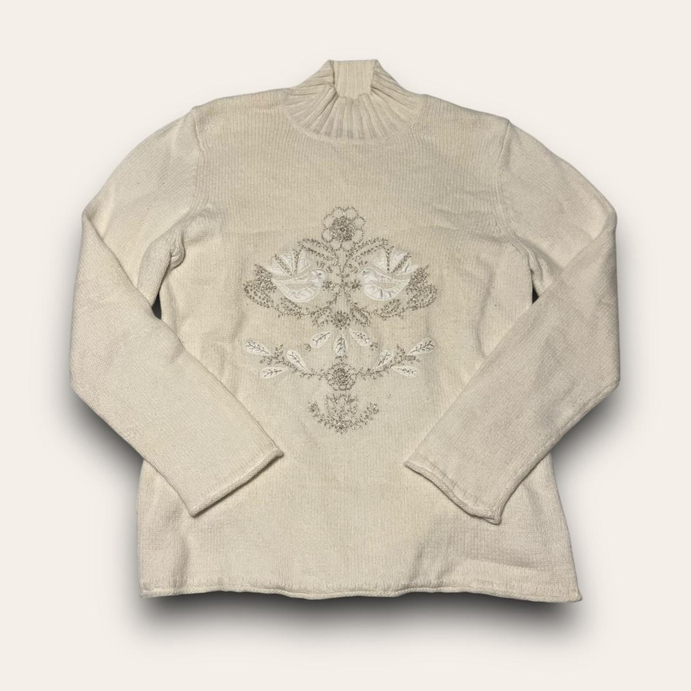 Y2K Dove Embroidered Mockneck Sweater Coldwater Creek Size M Cottagecore Birds